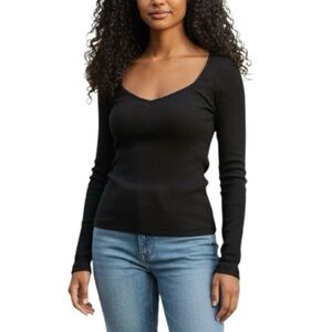 Boden Ribbed Knit Scoop Neck Top Black Long Sleeve Stretch Shirt S